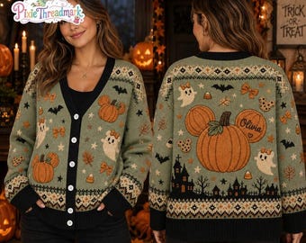 Op maat gemaakt schattig Halloween-vest met pompoen- en muizenkopmotief, Halloween-vest, griezelig dorpsvest, gezellig herfstvest, cadeau voor vrouwen