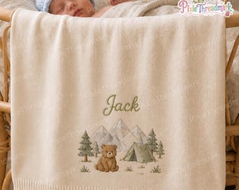 Personalized Embroidered Mountain Bear Baby Blanket, Custom Name Newborn Gift, Wilderness Knit Nursery Keepsake for Baby Shower