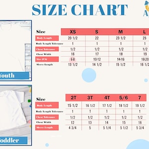 May include: A size chart with measurements for youth and toddler t-shirts. The chart includes body length, chest width, and sleeve length in inches. The text "SIZE CHART" is at the top.