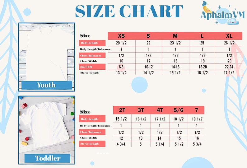 May include: A size chart with measurements for youth and toddler t-shirts. The chart includes body length, chest width, and sleeve length in inches. The text "SIZE CHART" is at the top.