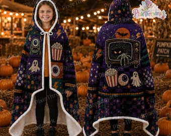 Retro Horror Halloween Hooded Blanket, Monster Movie Ghost Wearable Blanket, Spooky Popcorn Throw, Cozy Fall Gift, Halloween Gift
