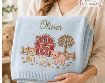 Personalized Piglet Baby Blanket, Custom Name Embroidered Farm Blanket, Floral Nursery Decor, Baby Girl Gift, Newborn Keepsake