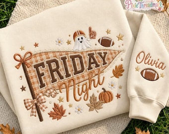 Custom Friday Night Football Embroidered Sweatshirt, Cute Ghost Football Pennant Sweater, Halloween Game Day Shirt, Football Sweatshirt