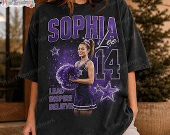 Gepersonaliseerd cheerleader-shirt met foto, gepersonaliseerd cheerleading-shirt met naam en nummer, cheerleading-shirt met teamspirit, cadeau voor de senioravond van de cheerleaders