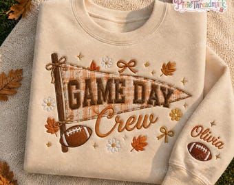 Embroidered Game Day Crew Sweatshirt, Plaid Football Pennant Embroidered Sweater, Custom Name Sleeve, Fall Football Season Gift