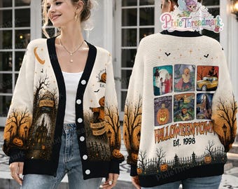 Halloween Town Est 1988 Collage Cardigan, Vintage Halloween Button Sweater, Pumpkin Patch Fall Cardigan, Cozy Autumn Knit Cardigan
