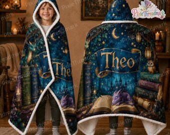 Personalized Dragon Library Hooded Blanket, Custom Name Fantasy Bookish Wearable Blanket, Magical Reading Nook Gift