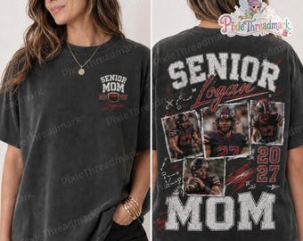 T-shirt personnalisé avec photo recto-verso pour maman de joueur de football senior 2027, T-shirt personnalisé avec photos de joueur de football, T-shirt familial pour la soirée des seniors