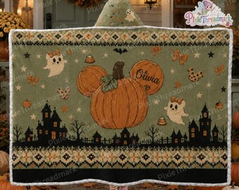 Custom Pumpkin Halloween Wearable Hooded Blanket, Cute Mouse Head Cozy Blanket, Spooky Village Throw, Fall Gift for Women