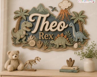 Custom Name Dinosaur Volcano Wooden Sign, Custom Boys Room Door Sign, Jurassic Nursery Decor, Bedroom Decor, Baby Boy For Gift,Birthday Sign