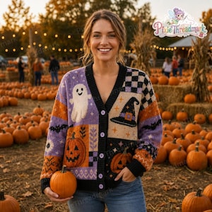 Ghost Witch Hat Pumpkin Halloween Knit Cardigan, Purple Checkerboard Fall Sweater, Cute Spooky Patchwork Cardigan, Halloween Lover Gift