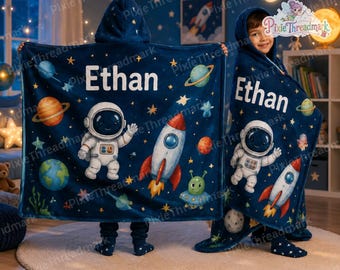 Personalized Astronaut Wearable Blanket Hoodie, Navy Space Hooded Throw, Rocket Planet Galaxy Wearable Blanket, Space Birthday Gift for Kids