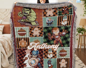 Avengers Woven Blanket, Cartoon Blanket, Superhero Iron Man Hulk Friends Blanket, Superhero Blanket,Birthday Gift, Boy And Girl Blanket