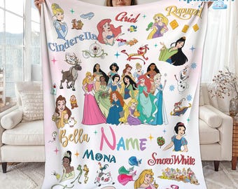 Personalized Disneyworld Princess Blanket, Disneyland Castle Princess Blanket, Belle Rapunzel Tiana Ariel Elsa, Birthday Girl gift