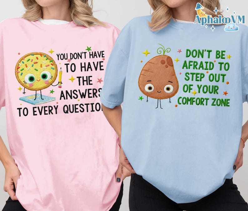 Two people wearing t-shirts with different designs and text.