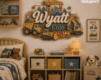 Personalized Construction Hanging Sign, Truck Nursery Wall Decor, Baby Boys Room Sign, Custom Wooden Name Plaque, Baby Boy Gift