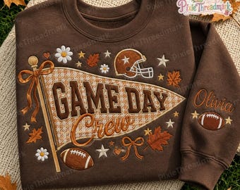 Custom Game Day Crew Fall Embroidered Sweatshirt, Football Pennant Sweatshirt, Custom Name Sleeve, Fall Football Shirt, Game Day Mom Sweater