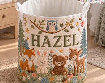 Woodland Animals Quilted Laundry Basket, Personalized Owl Fox Bunny Quilted Bag,