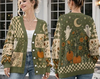 Ghost Pumpkin Halloween Knit Cardigan, Botanical Ghost Fall Sweater, Wildflower Moon Autumn Cardigan, Halloween Sweater, Spooky Season Gift