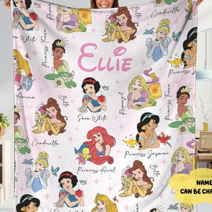 Custom Disneyland Princess Blanket, Princess Blanket Gift for Her, Cinderella Snow White Belle Jasmine Ariel Princess, Birthday Girl Blanket image 1