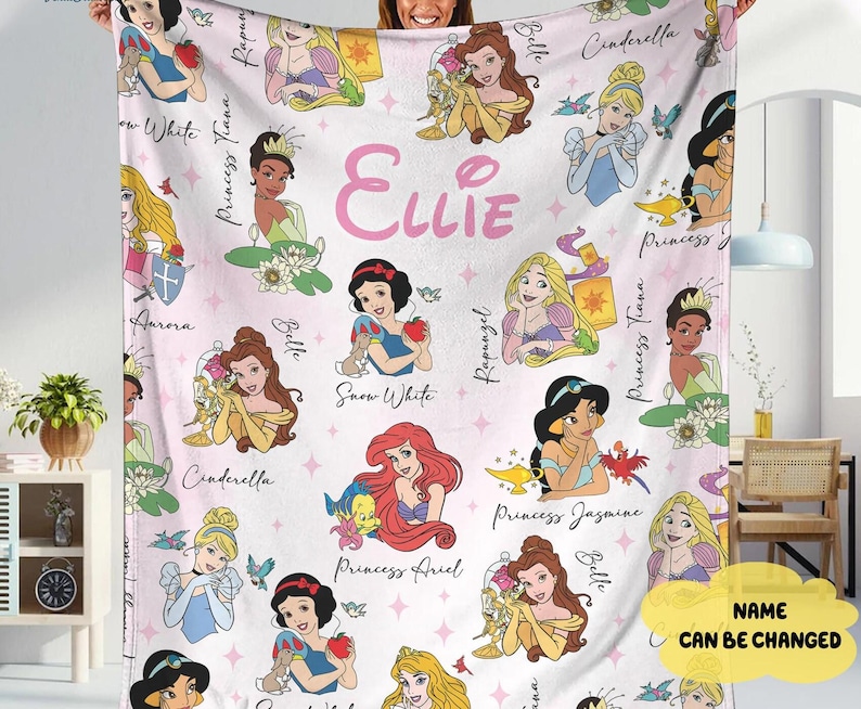 Custom Disneyland Princess Blanket, Princess Blanket Gift for Her, Cinderella Snow White Belle Jasmine Ariel Princess, Birthday Girl Blanket image 1
