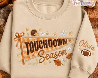 Embroidered Football Season Pennant Sweatshirt, Custom Name Football Season Crewneck, Fall Game Day Shirt, Football Gift, Autumn Sweatshirt