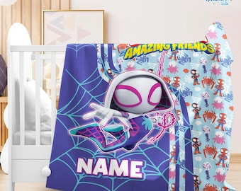 Custom Gwen Spidey and His Amazing Friends Fleece Blanket, Spiderwoman Cartoon Blanket, Birthday Gift For Kids, Superhero Blanket