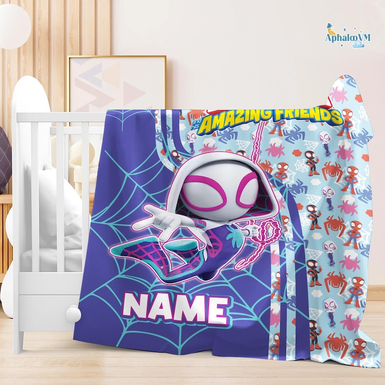 May include: A blue and purple Spider-Gwen themed blanket with the words "AMAZING FRIENDS" and "NAME" printed on it. The blanket features a large graphic of Spider-Gwen, a spider web design, and various Spider-Man character illustrations.