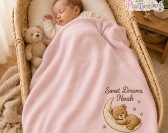 Manta para bebé personalizada con osito de peluche durmiendo, bordada, con nombre personalizado, recuerdo de habitación infantil con temática de cabaña en el bosque, recuerdo para recién nacido, regalo para recién nacido
