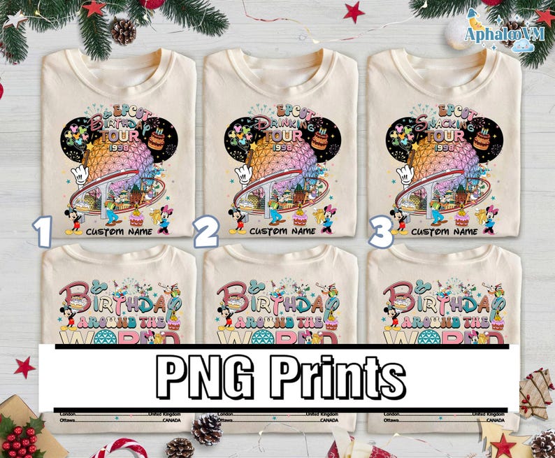 K&ouml;nnte beinhalten: Sechs cremefarbene T-Shirts mit farbenfrohen Grafikdesigns. Drei Shirts zeigen "EPCOT Drinking Tour 1998" und drei sagen "Birthday Around the World". Die Shirts haben Mickey- und Minnie-Mouse-Charaktere. Der Text "PNG Prints" steht unten.