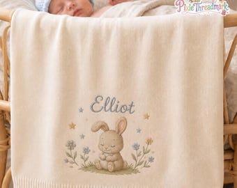 Personalized Baby Girl Blanket with Name | Cute Woodland Animals Embroidered Knit Blanket | Custom Rabbit Nursery Decor | Baby Shower Gift