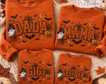 Personalized Ghost Pumpkin Bat Embroidered Sweashirt, Family Matching Spooky Season Halloween Embroidered Tee