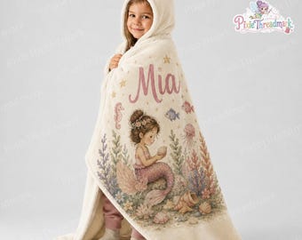 Personalized Mermaid Kids Wearable Hooded Blanket for Girls, Under the Sea Wearable Blanket, Ocean Mermaid Kids Throw Hoodie, Birthday Gift