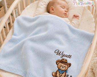 Manta personalizada de vaquero para bebé, recuerdo bordado del oeste para bebé, decoración personalizada para la habitación del bebé con nombre, regalo de osito de peluche para bebé, manta con temática de vaquero.