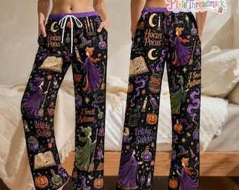 Witchy Sisters Satin Pajama Set, Witchy Sisters Halloween PJs, Spooky Witch Pajamas, Halloween Sleepwear, Cozy Fall Gift