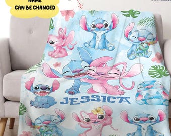 Personalized Stitch and Angel Fleece Blanket, Disneyland Blanket, Gifts for Kids, Birthday Gifts, Disneyland Watercolor Fleece Blanket