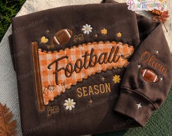 Football Season Embroidered Sweatshirt, Custom Sleeve Gingham Football Shirt, Cute Fall Game Day Sweatshirt, Football Lover Gift