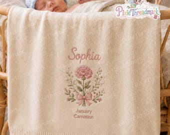 Babydeken met geborduurde geboortebloem, deken met geboortebloem en naam, kraamcadeau voor een meisje, deken voor een babyshower