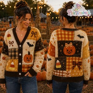 Gebreid Halloween-vest met snoepmaïs en pompoenmotief, geruite herfsttrui met strik en vleermuismotief, retro patchwork Halloween-vest, leuk cadeau voor het griezelige seizoen.