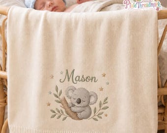 Personalized Woodland Koala Animals Baby Blanket, Embroidered Forest Koala Friends Knit Keepsake Blanket