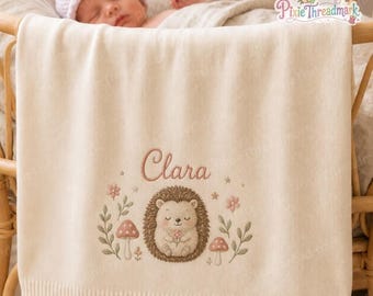 Personalized Embroidered Hedgehog Mushroom Baby Blanket, Woodland Knit Nursery Keepsake Blanket