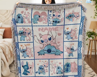 Personalized Stitch and Angel Watercolor Woven Blanket, Disneyland Blanket, Gifts for Kids, Birthday Gifts, Disneyland Watercolor Blanket