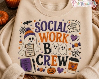 Social Worker Fall Embroidered Sweatshirt, Social Worker Boo Crew Ghost Halloween Sweater, Pumpkin Ghost Social Work Life Tee