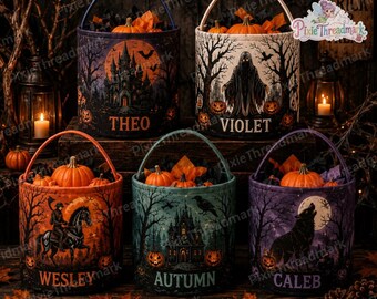 Personalized Gothic Halloween Candy Bucket, Custom Name Trick or Treat Basket, Haunted House Reaper Wolf Kids Halloween Treat Bag