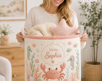 Personalized Crab Quilted Laundry Basket, Seahorse Ocean Nursery Storage Bin, Baby Hamper, Coastal Kids Room Decor, New Born Gifts