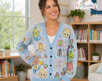 Cardigan met het personage 'The Bad Seed', trui met kinderboekpersonage, cadeau voor bibliothecarissen, kleding met leesthema, cardigan voor boekenliefhebbers
