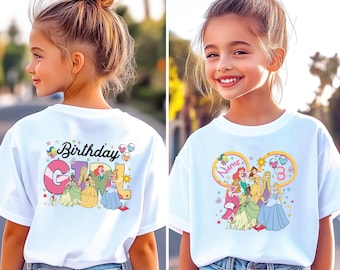 Camiseta de cumpleaños de princesa personalizada, camiseta de cumpleaños personalizada, camiseta de cumpleaños de dos caras, camiseta de cumpleaños de Disneyland, camiseta de cumpleañera