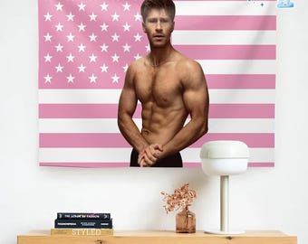 Robert Irwin Pink USA Flag | Hot Guy Aesthetic Tapestry | Wildlife Star Inspired Room Decor | Cute Pink Bedroom Wall Banner for Her