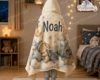 Custom Bunny Blanket Hoodie, Moon and Stars Hooded Blanket for Kids, Sleepy Rabbit Nursery Wearable Blanket, Wearable Throw Birthday Gift