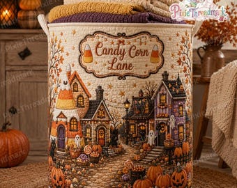 Panier à linge matelassé « Candy Corn Lane », panier à linge « Halloween », panier « Village hanté », panier à linge « Citrouilles », panier à linge « Maisons d'Halloween », panier de rangement d'automne